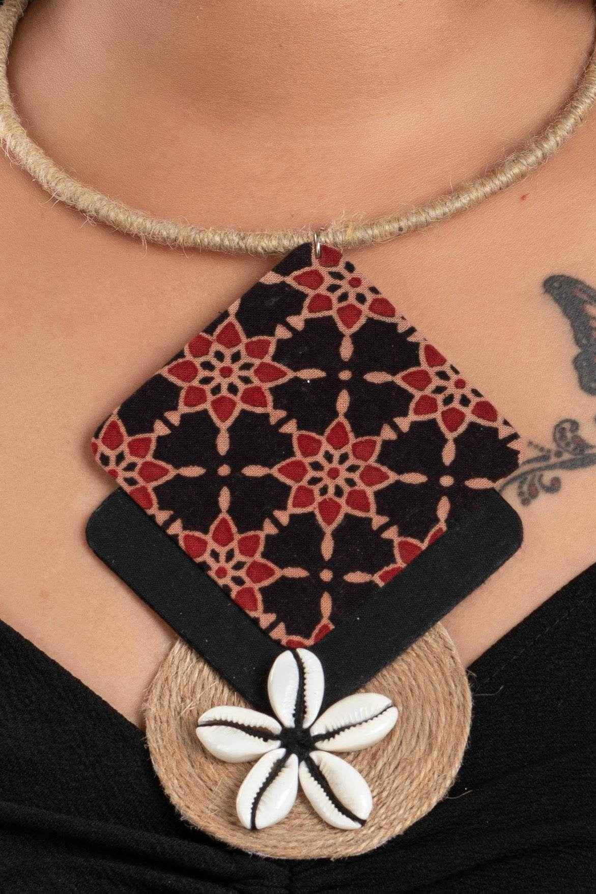Ajrakh Fabric Jute Cowrie Necklace Handcrafted Cotton Jewelry