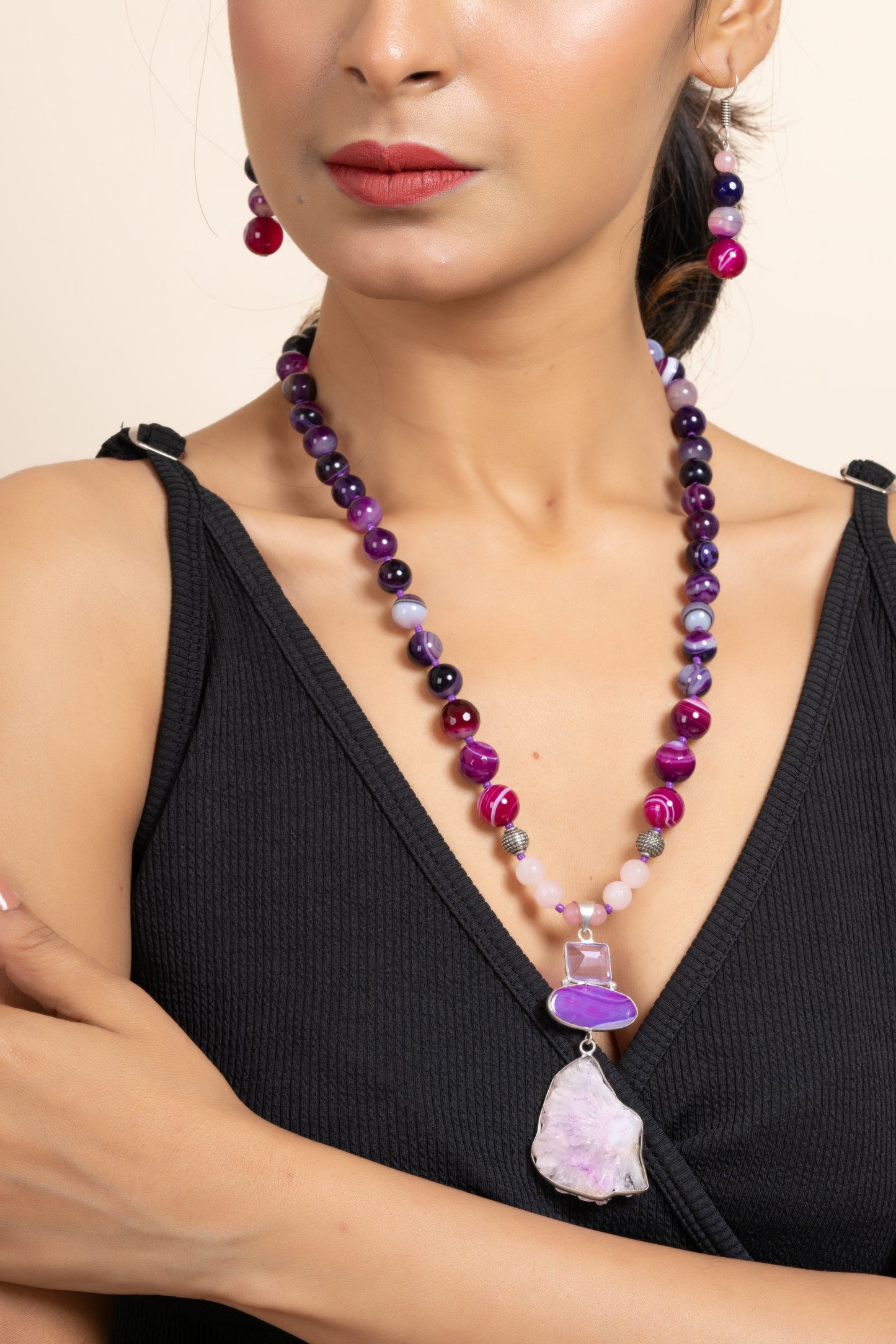 Handmade Semi Precious Purple Pink Agate Onyx Stone Necklace with Matching Earring Set