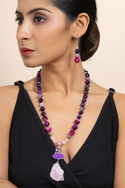 Handmade Semi Precious Purple Pink Agate Onyx Stone Necklace with Matching Earring Set
