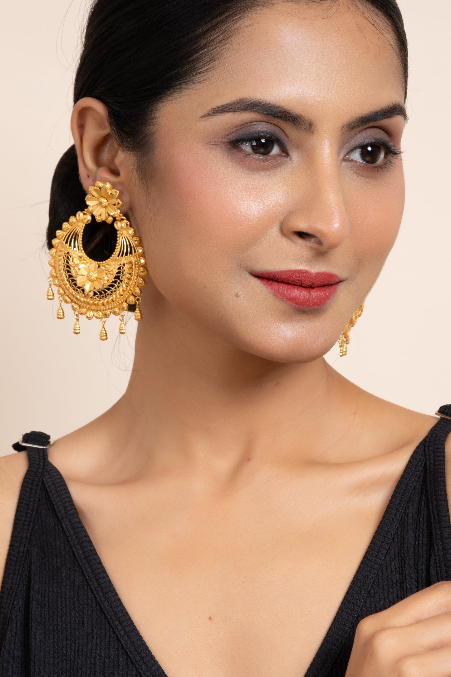Gold Plated Floral Jumbo Chandbali Stud Earring