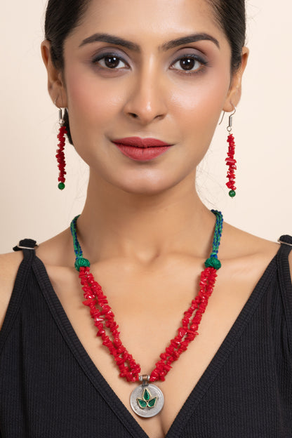 Handmade Original Afghan Pendant with Red Stone Chips Necklace Set and Matching Earrings