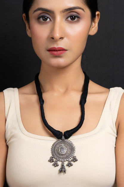 Handcrafted 92.5 Pure Silver Devi Durga Neckpiece with Adjustable Black Dori