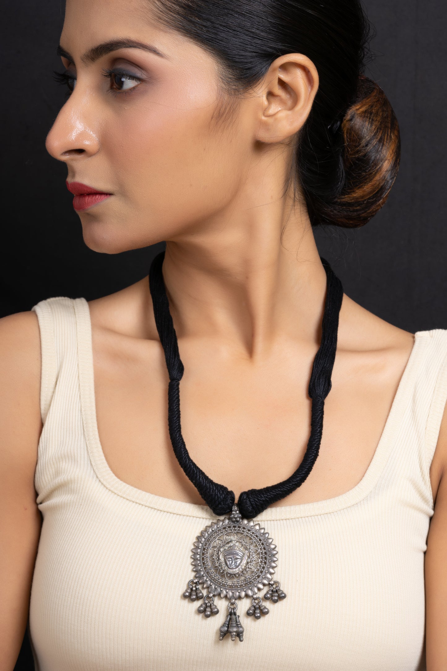 Handcrafted 92.5 Pure Silver Devi Durga Neckpiece with Adjustable Black Dori