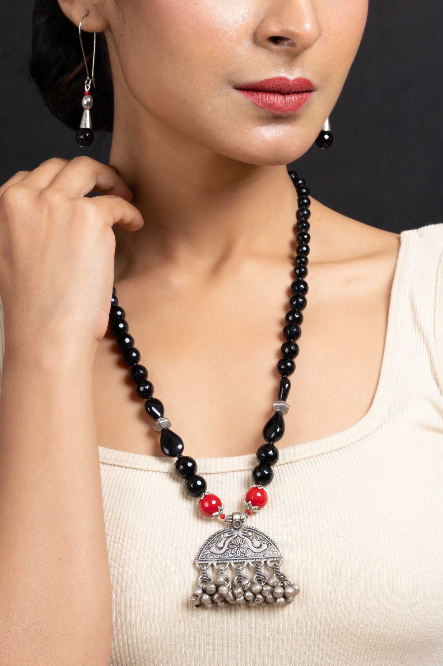 German Silver Ghungoor Neckpiece Strung with Red Black Onyx Stone and matching Earring