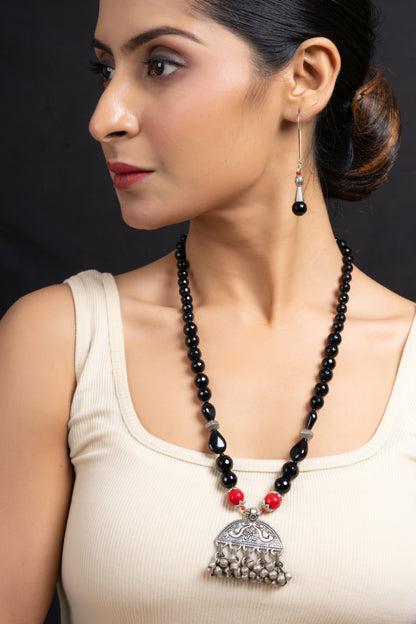 German Silver Ghungoor Neckpiece Strung with Red Black Onyx Stone and matching Earring