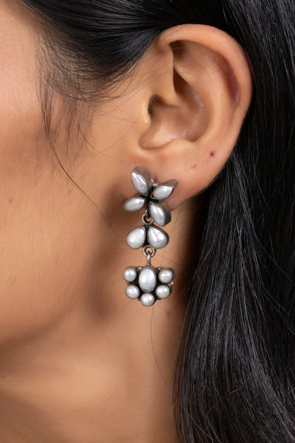 92.5 Pure Silver Pearl Floral Stud Dangler Earring