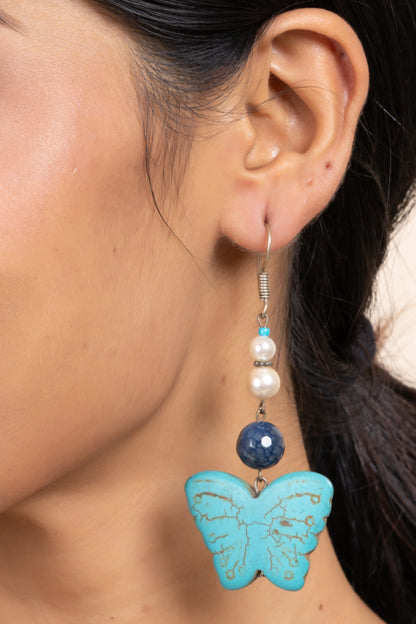 Handmade Semi Precious Blue Turquoise Onyx Pearl Butterfly Earring