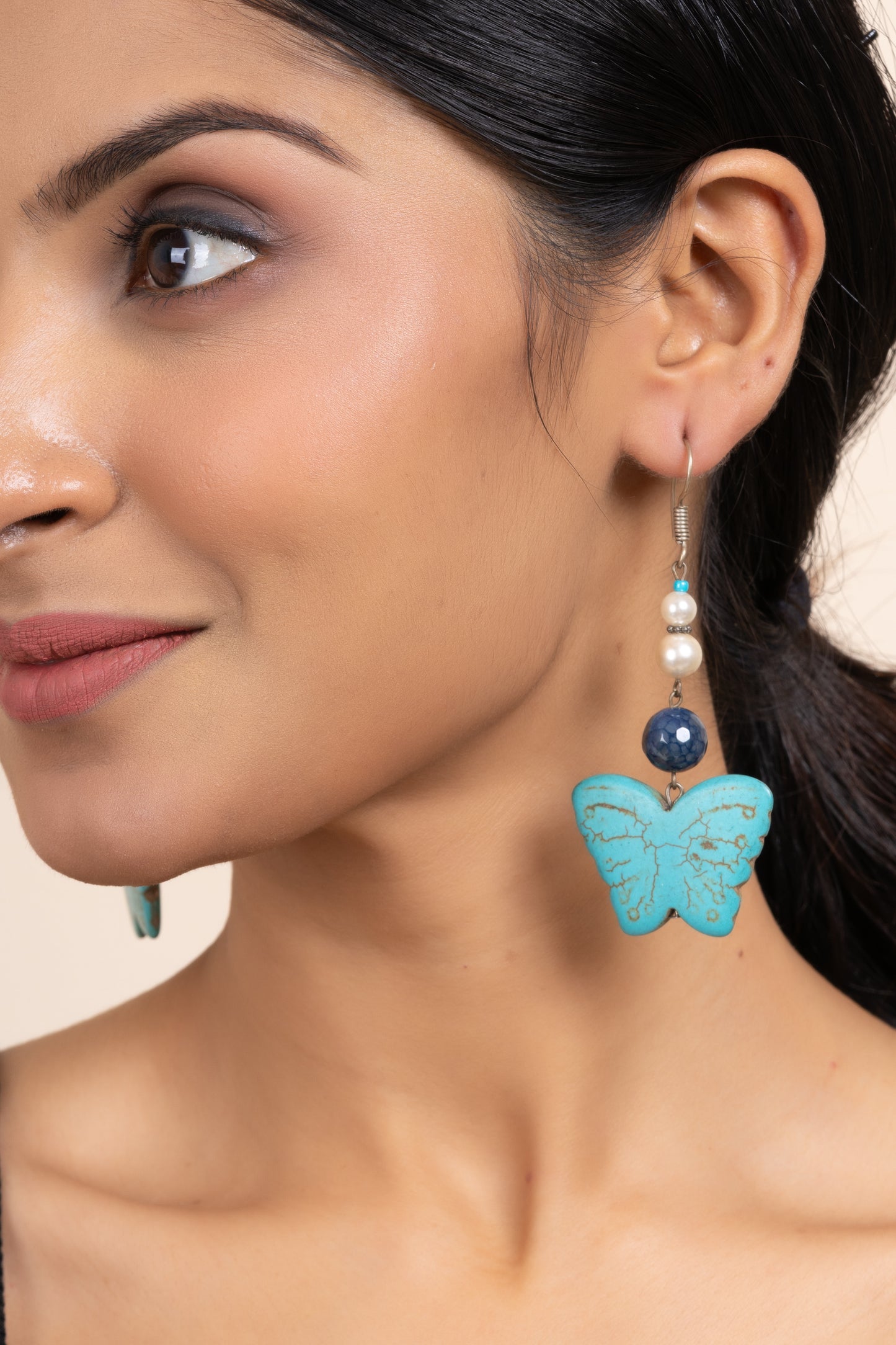 Handmade Semi Precious Blue Turquoise Onyx Pearl Butterfly Earring