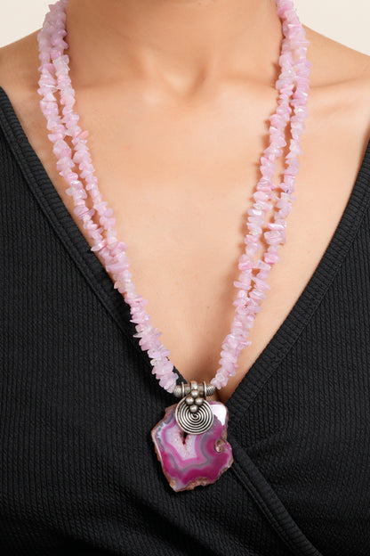 Handmade Semi Precious Pink Agate Necklace Set with Uncut Stone Chips Double Line and matching Earring