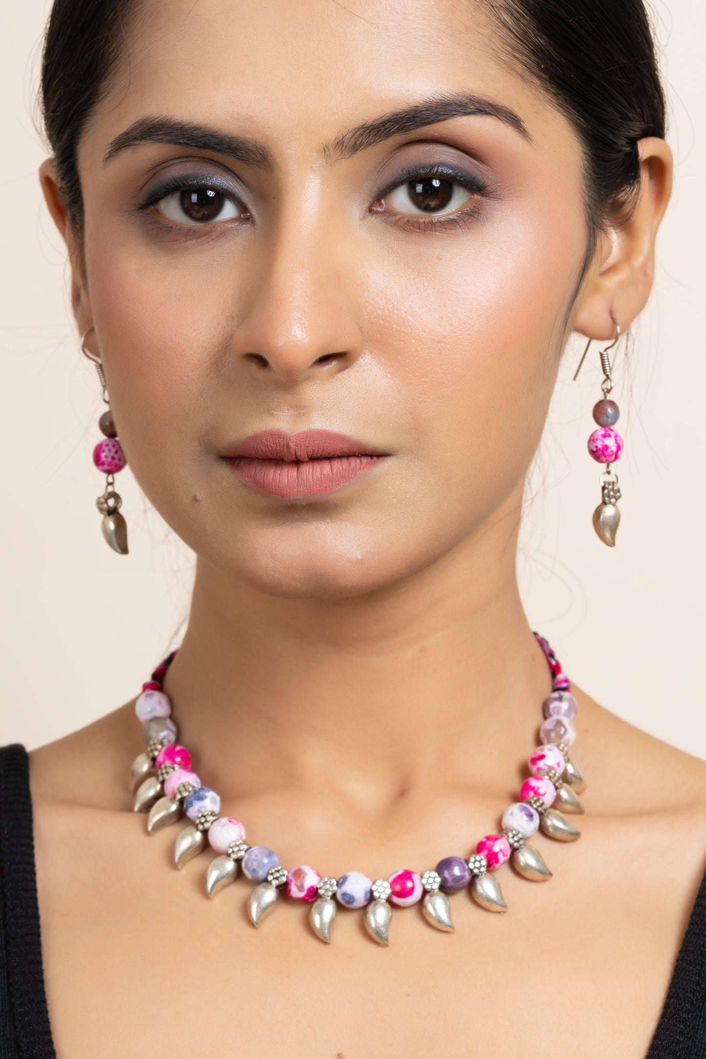 Semi Precious Pink Purple Onyx Neckpiece with Mango Charm and matching Earring