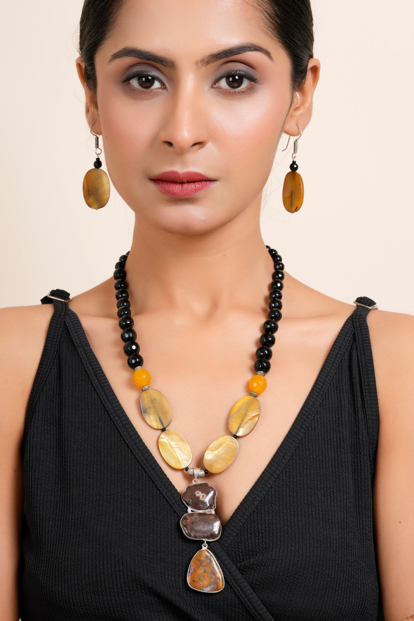 Handmade Semi Precious Brown Black Yellow Agate Mother of Pearl necklace set with Matching Earring