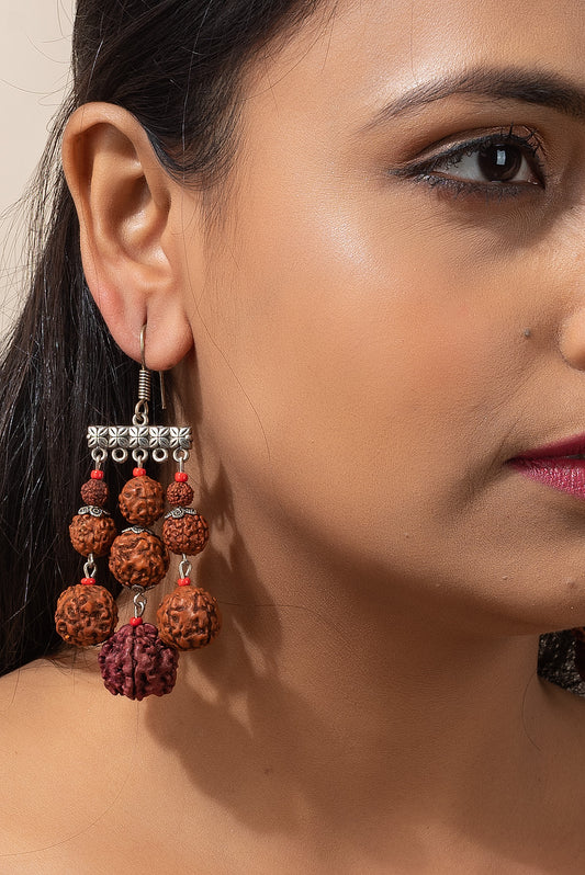 copy-of-designer-oxidised-silver-double-floral-base-dangler-earring-with-faux-rudraksh-and-droplets
