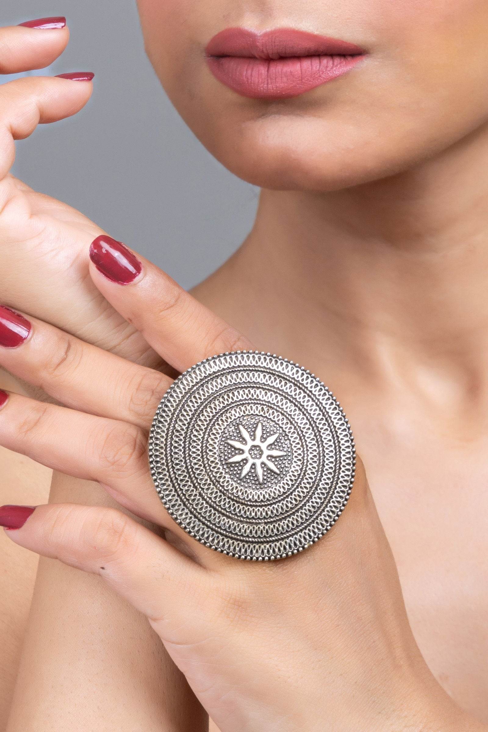 German Silver Finger Ring Jumbo Floral Design Lookandadorn