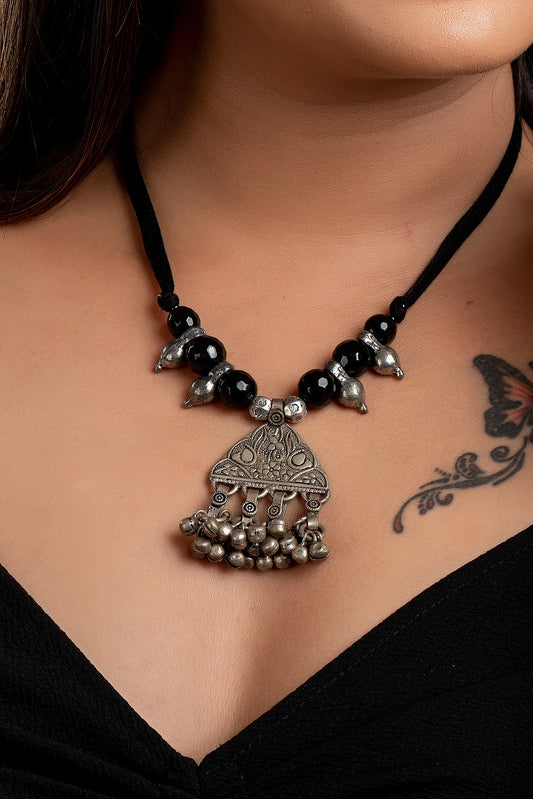 designer-german-silver-tribal-pendant-neckpiece-with-black-semi-precious-onyx-bead-german-silver-beads-and-black-adjustable-dori
