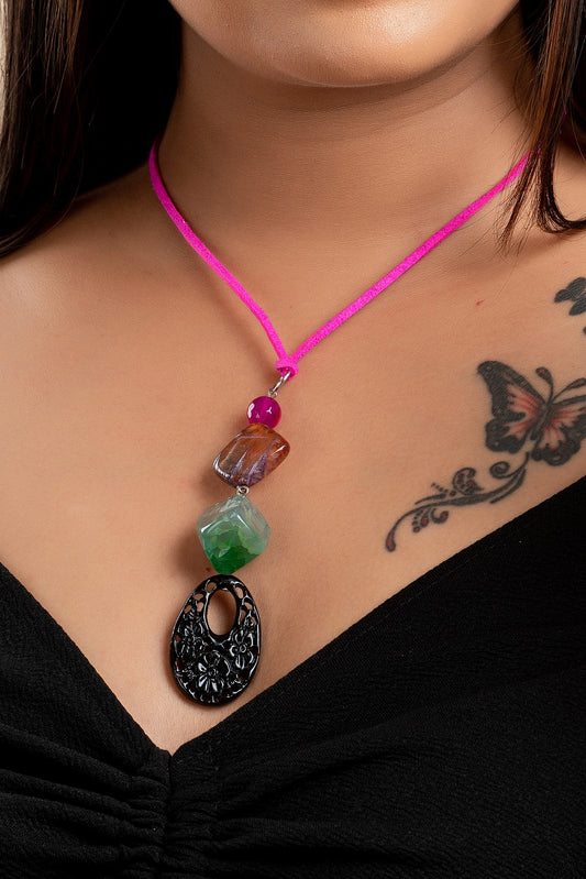 designer-carved-bead-semi-precious-agate-onyx-stones-sleek-neckpiece-strung-with-pink-adjustable-suede-cord