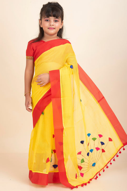 yellow-handloom-kids-cotton-saree-with-stitched-blouse-and-petticoat-ks05