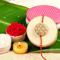 Designer Beige Embroidered Round Rakhi with Roli Chawal
