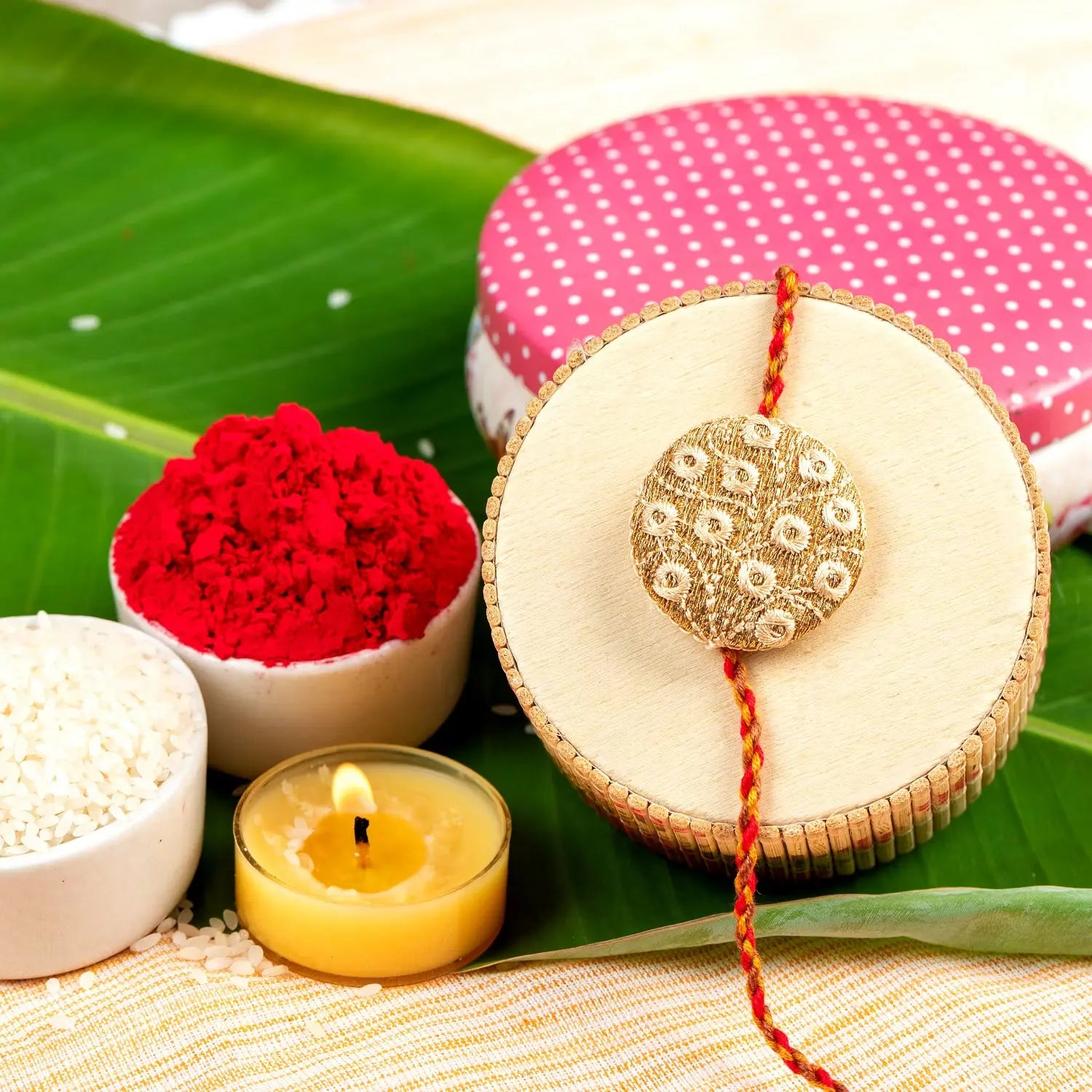Designer Beige Embroidered Round Rakhi with Roli Chawal