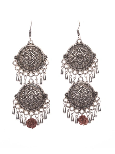 designer-oxidised-silver-double-floral-base-dangler-earring-with-faux-rudraksh-and-droplets