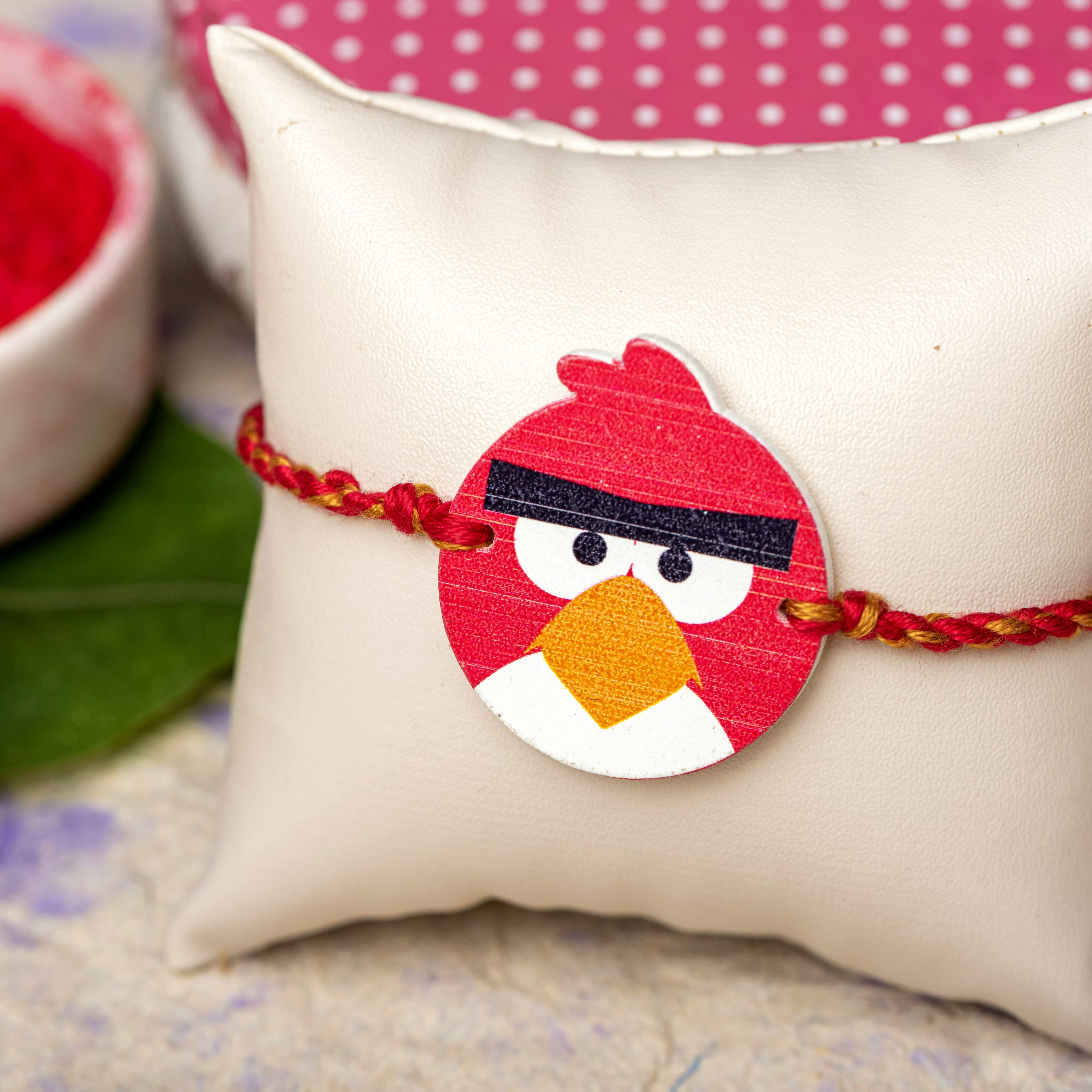 Wooden Red Black Angry Bird Rakhi for Kids with Roli Chawal - Lookandadorn.com