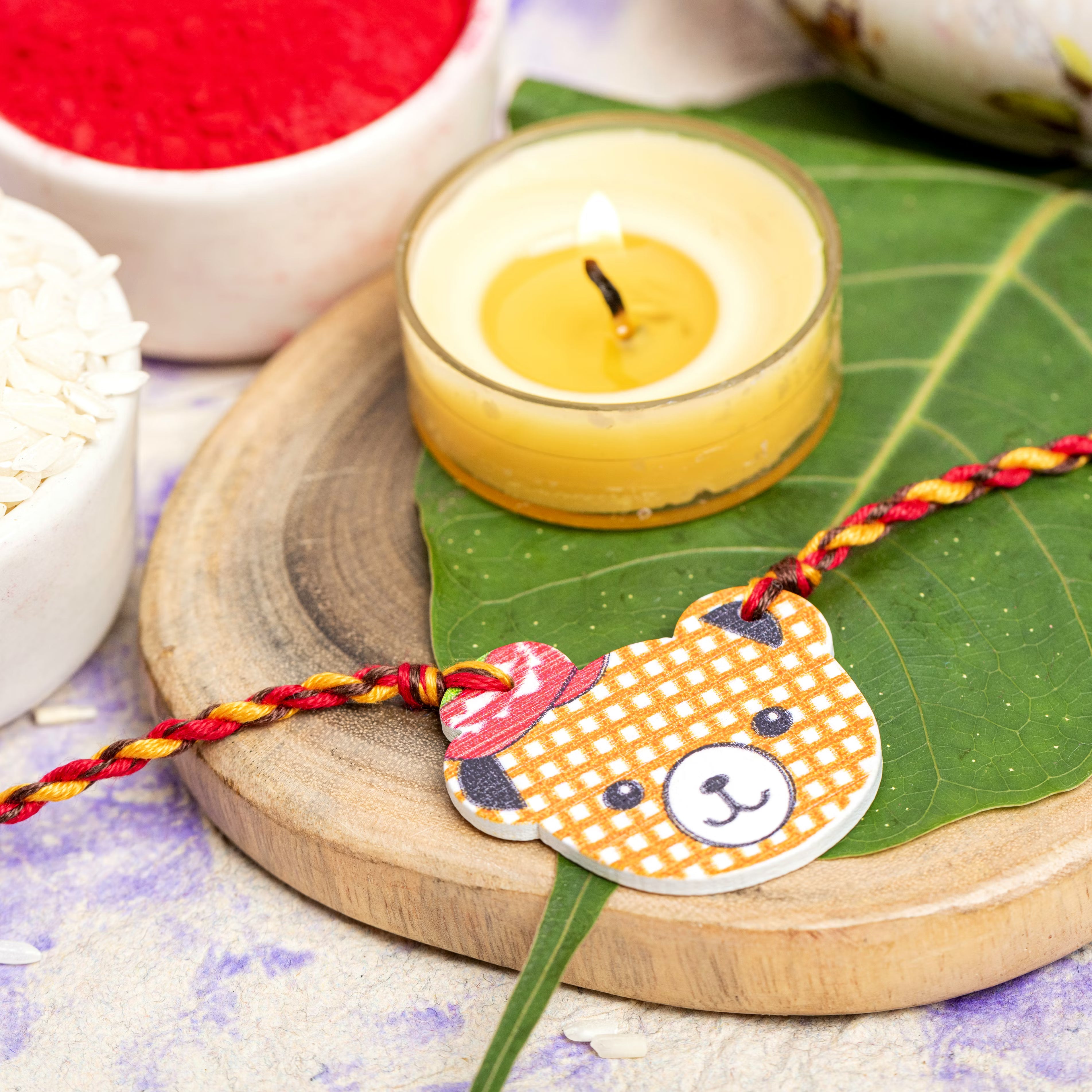 Wooden Bear with Hat Rakhi for Kids with Roli Chawal - Lookandadorn.com