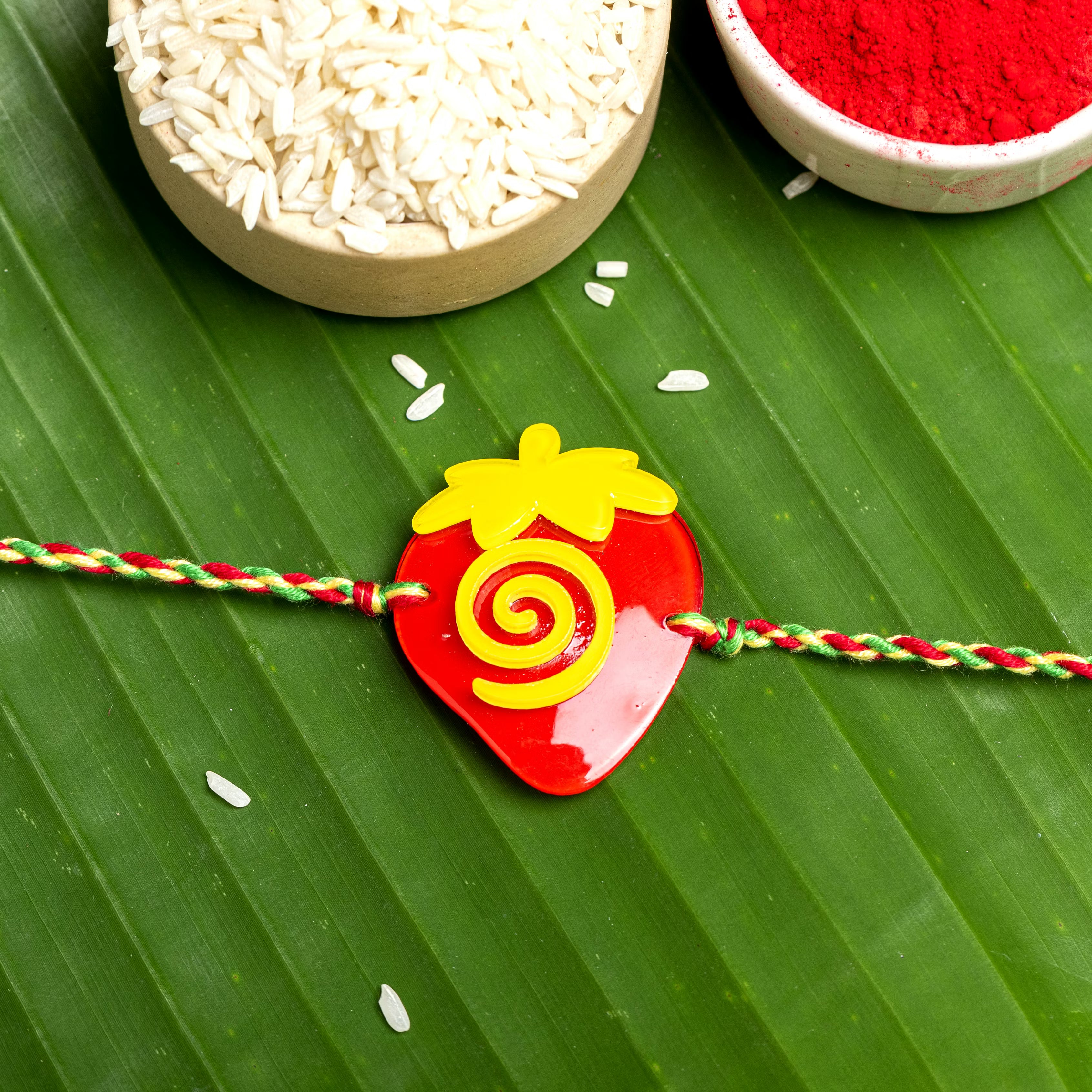 Acrylic Red Yellow Strawberry Green Red Yellow  Dori Rakhi with Roli Chawal for Boys & Kids - Lookandadorn.com