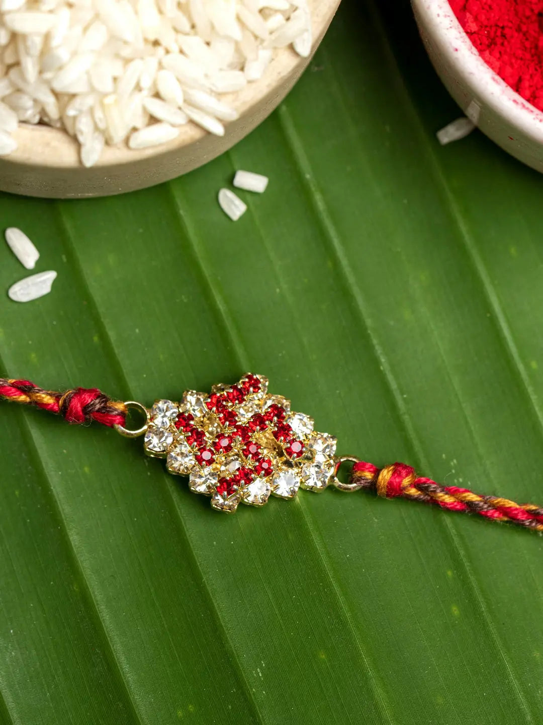 Exclusive American Diamond Swastik Rakhi Bracelet with Red Golden Dori Roli Chawal for Boys & Men - Lookandadorn.com
