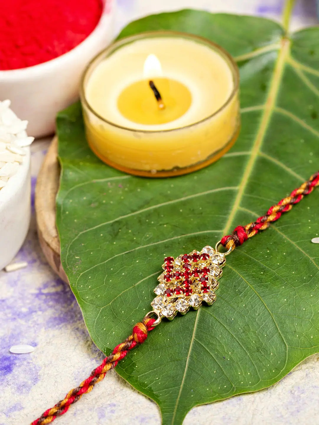 Exclusive American Diamond Swastik Rakhi Bracelet with Red Golden Dori Roli Chawal for Boys & Men - Lookandadorn.com