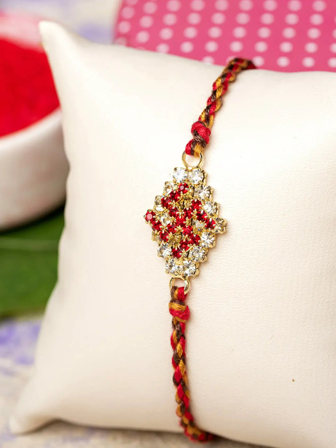 Exclusive American Diamond Swastik Rakhi Bracelet with Red Golden Dori Roli Chawal for Boys & Men - Lookandadorn.com