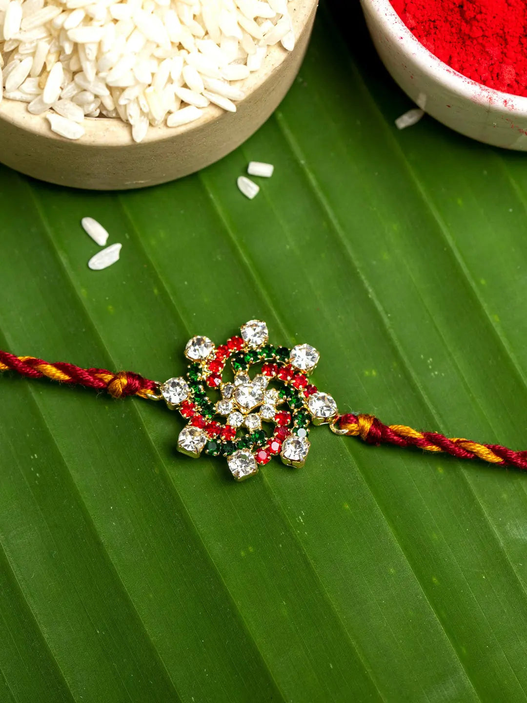 Exclusive American Diamond Floral Red Green Rakhi Bracelet with maroon Golden Dori Roli Chawal for Boys & Men - Lookandadorn.com