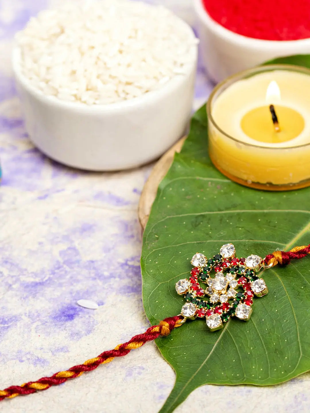 Exclusive American Diamond Floral Red Green Rakhi Bracelet with maroon Golden Dori Roli Chawal for Boys & Men - Lookandadorn.com
