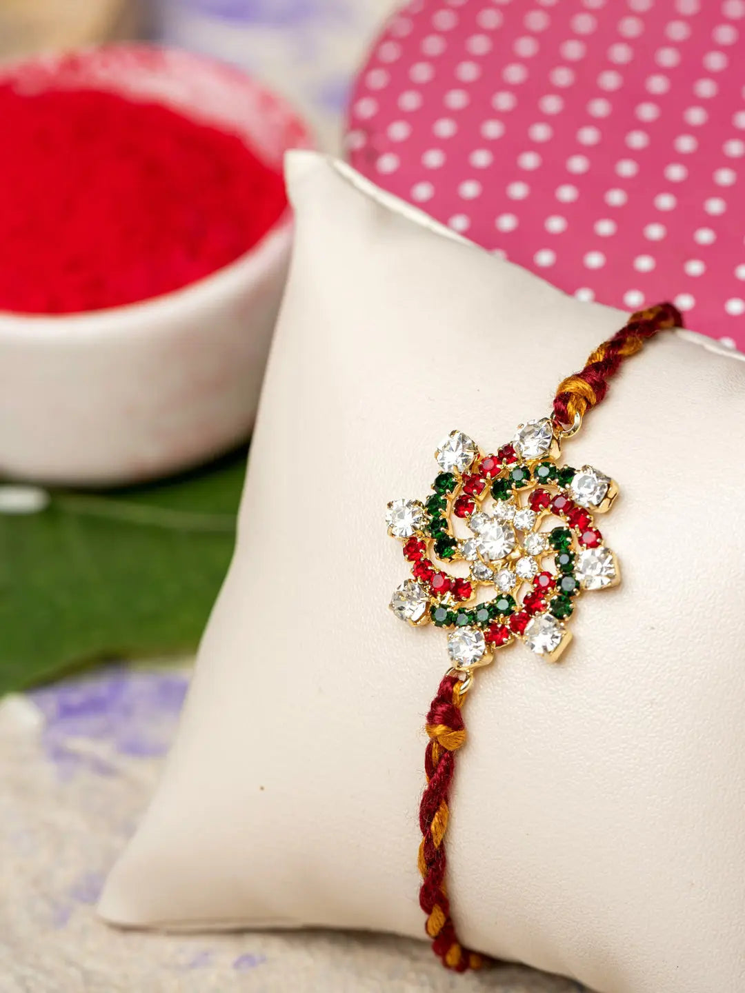 Exclusive American Diamond Floral Red Green Rakhi Bracelet with maroon Golden Dori Roli Chawal for Boys & Men - Lookandadorn.com