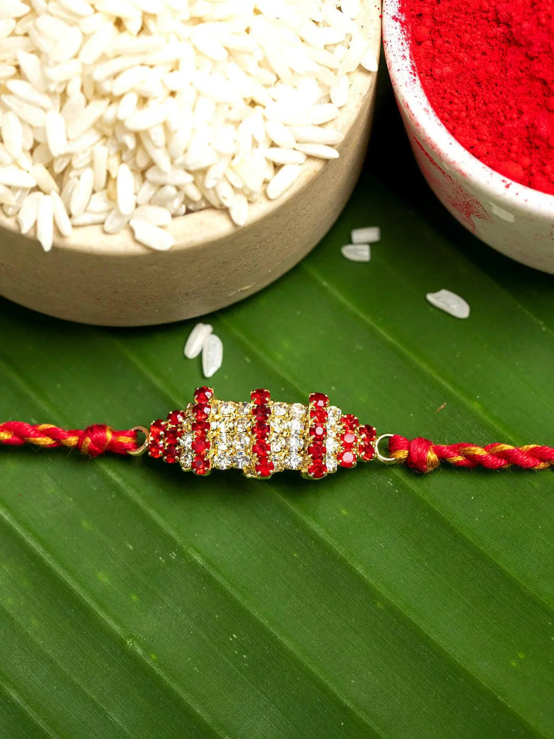 Exclusive American Diamond Rakhi Bracelet with Red Golden Dori Roli Chawal for Boys & Men - Lookandadorn.com