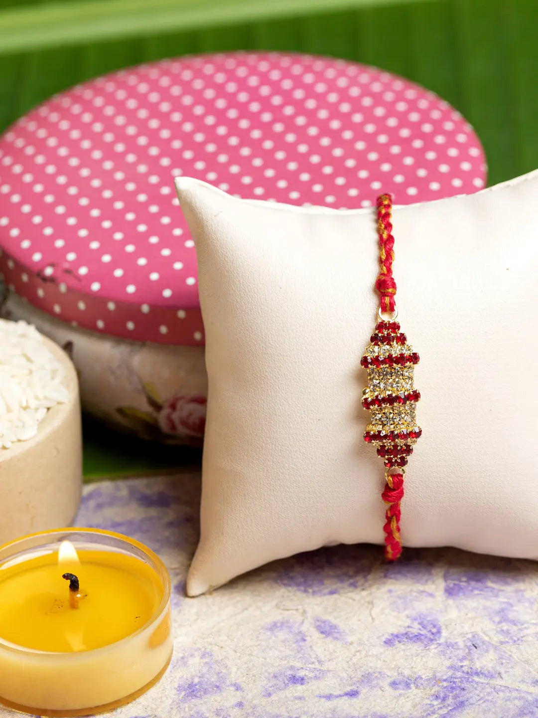 Exclusive American Diamond Rakhi Bracelet with Red Golden Dori Roli Chawal for Boys & Men - Lookandadorn.com