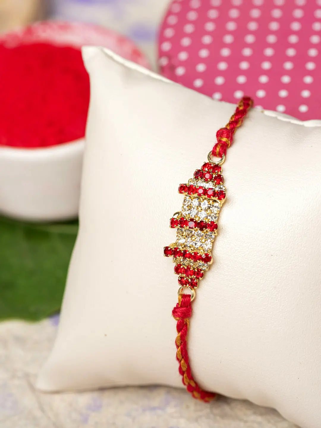 Exclusive American Diamond Rakhi Bracelet with Red Golden Dori Roli Chawal for Boys & Men - Lookandadorn.com