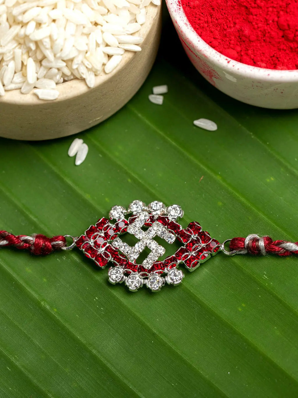 Exclusive American Diamond Maroon Swastik Rakhi Bracelet with Grey Maroon Dori Roli Chawal for Boys & Men - Lookandadorn.com