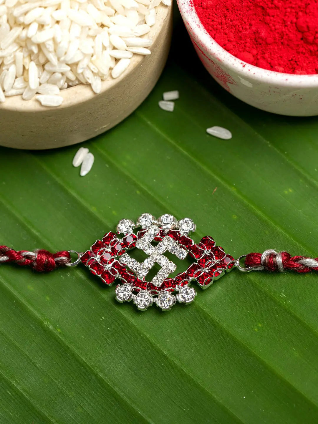 Exclusive American Diamond Maroon Swastik Rakhi Bracelet with Grey Maroon Dori Roli Chawal for Boys & Men - Lookandadorn.com