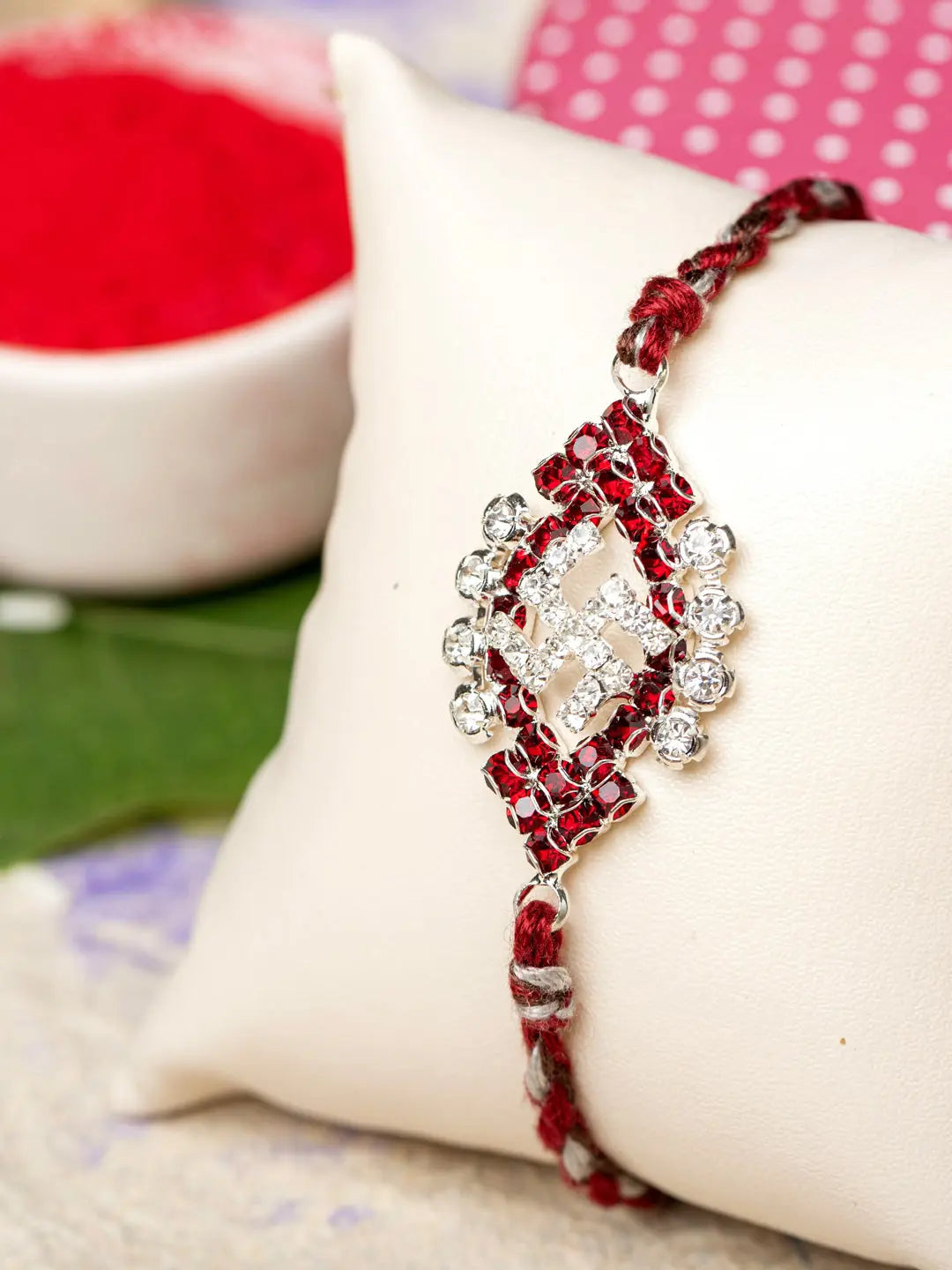 Exclusive American Diamond Maroon Swastik Rakhi Bracelet with Grey Maroon Dori Roli Chawal for Boys & Men - Lookandadorn.com