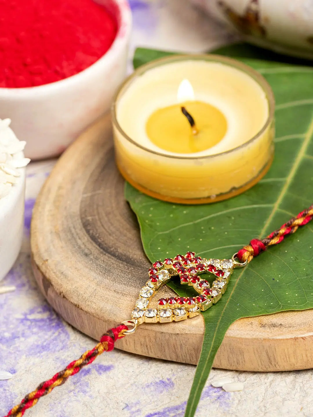 Exclusive American Diamond OM Rakhi Bracelet with Red Golden Dori Roli Chawal for Boys & Men - Lookandadorn.com