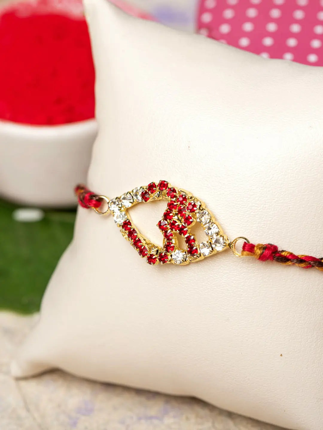 Exclusive American Diamond OM Rakhi Bracelet with Red Golden Dori Roli Chawal for Boys & Men - Lookandadorn.com