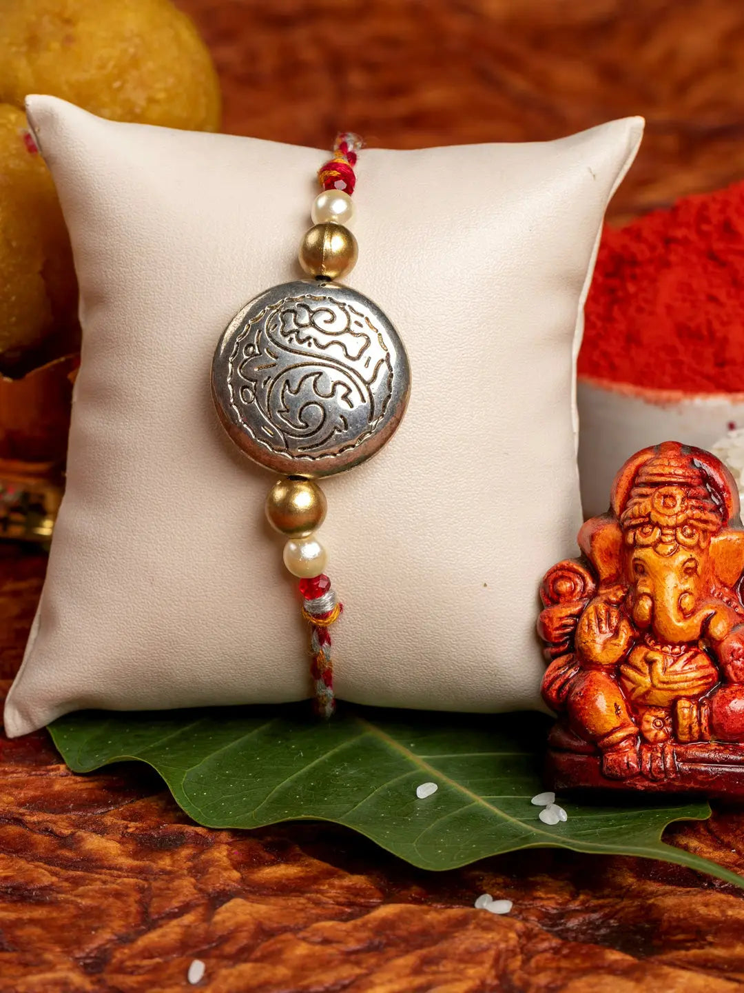 Designer Dual Tone Silver Golden Rakhi for Men and Boys with Roli Chawal - Lookandadorn.com