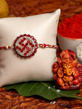 Exclusive Circular Red White American Diamond Swastik Rakhi Bracelet with Red White Golden Dori and Roli Chawal for Boys and Men - Lookandadorn.com