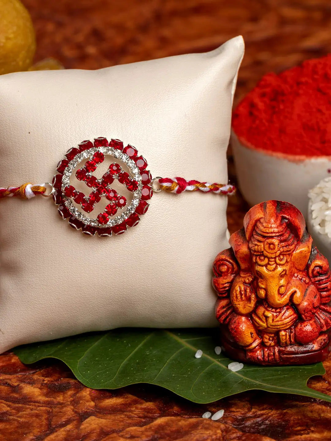Exclusive Circular Red White American Diamond Swastik Rakhi Bracelet with Red White Golden Dori and Roli Chawal for Boys and Men - Lookandadorn.com