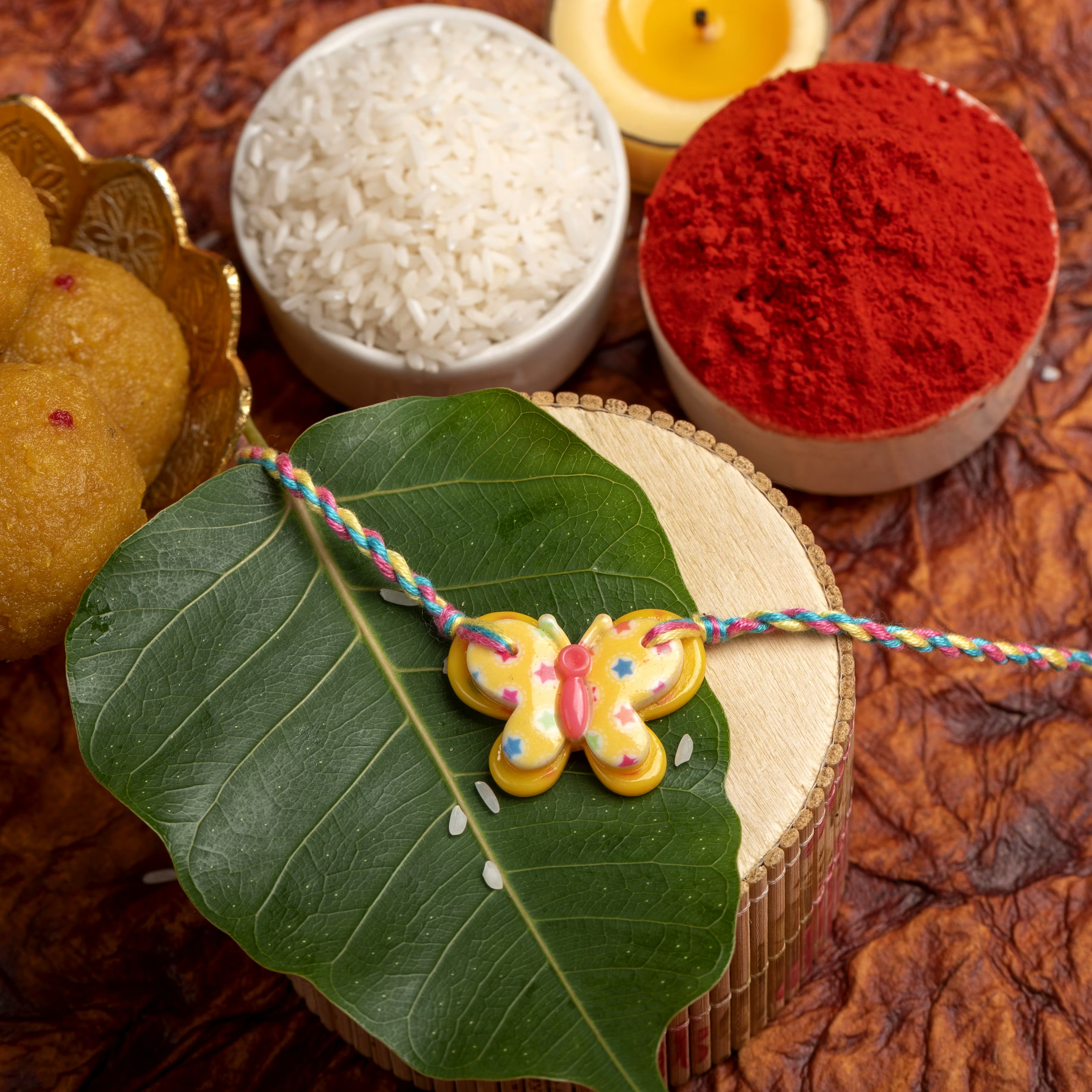 Acrylic Yellow Butterfly Rakhi with Yellow Pink Blue Dori Roli Chawal for Boys & Kids - Lookandadorn.com