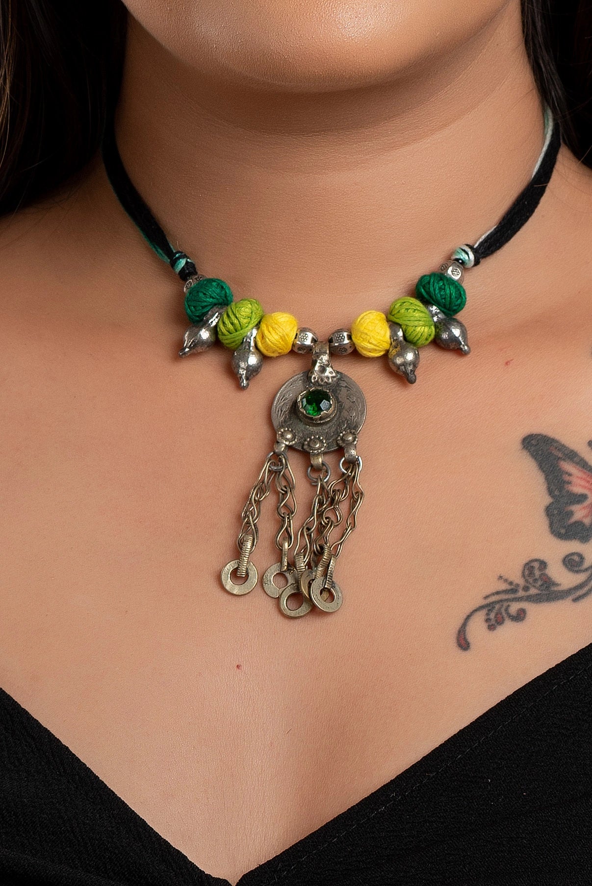 Authentic Afghan Coin Pendant Neckpiece with yellow green thread balls German silver beads and adjustable thread dori