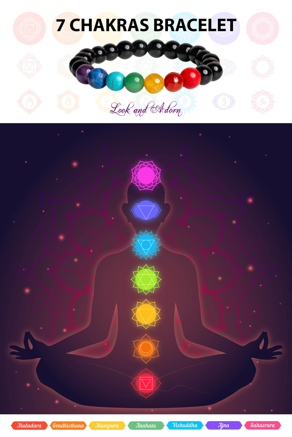 7 chakra bracelet by Look and Adorn featuring colorful gemstones for balance and healing