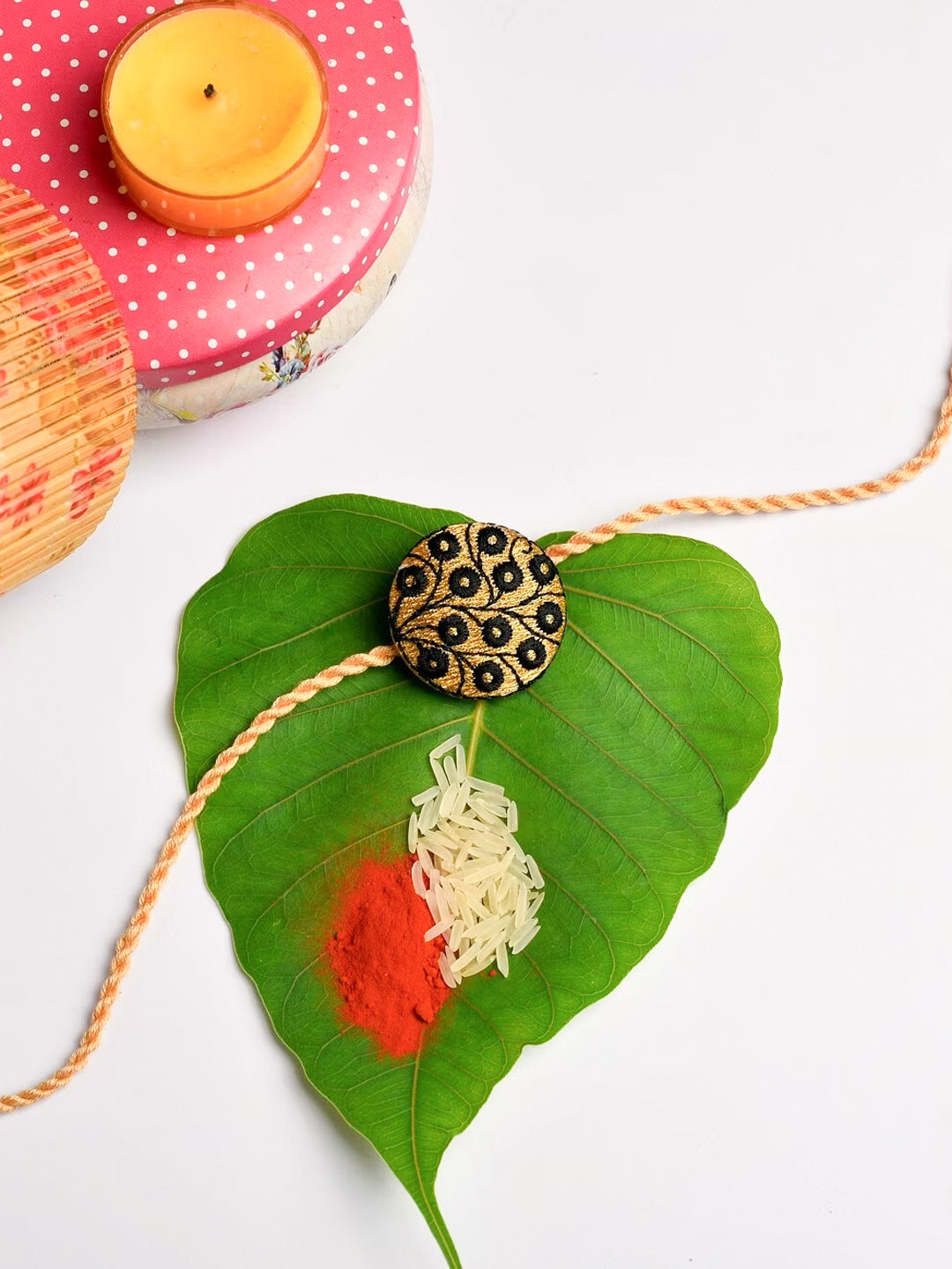 Black And Golden Handmade Designer Embroidery Rakhi With Roli And Chawal - Unique Gift For Brothers - Lookandadorn.com