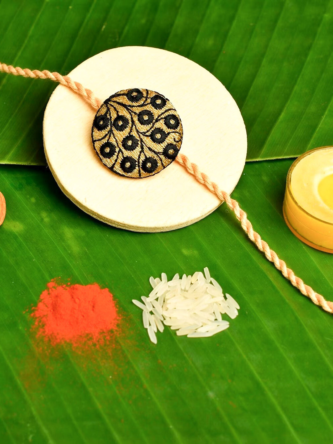 Black And Golden Handmade Designer Embroidery Rakhi With Roli And Chawal - Unique Gift For Brothers - Lookandadorn.com