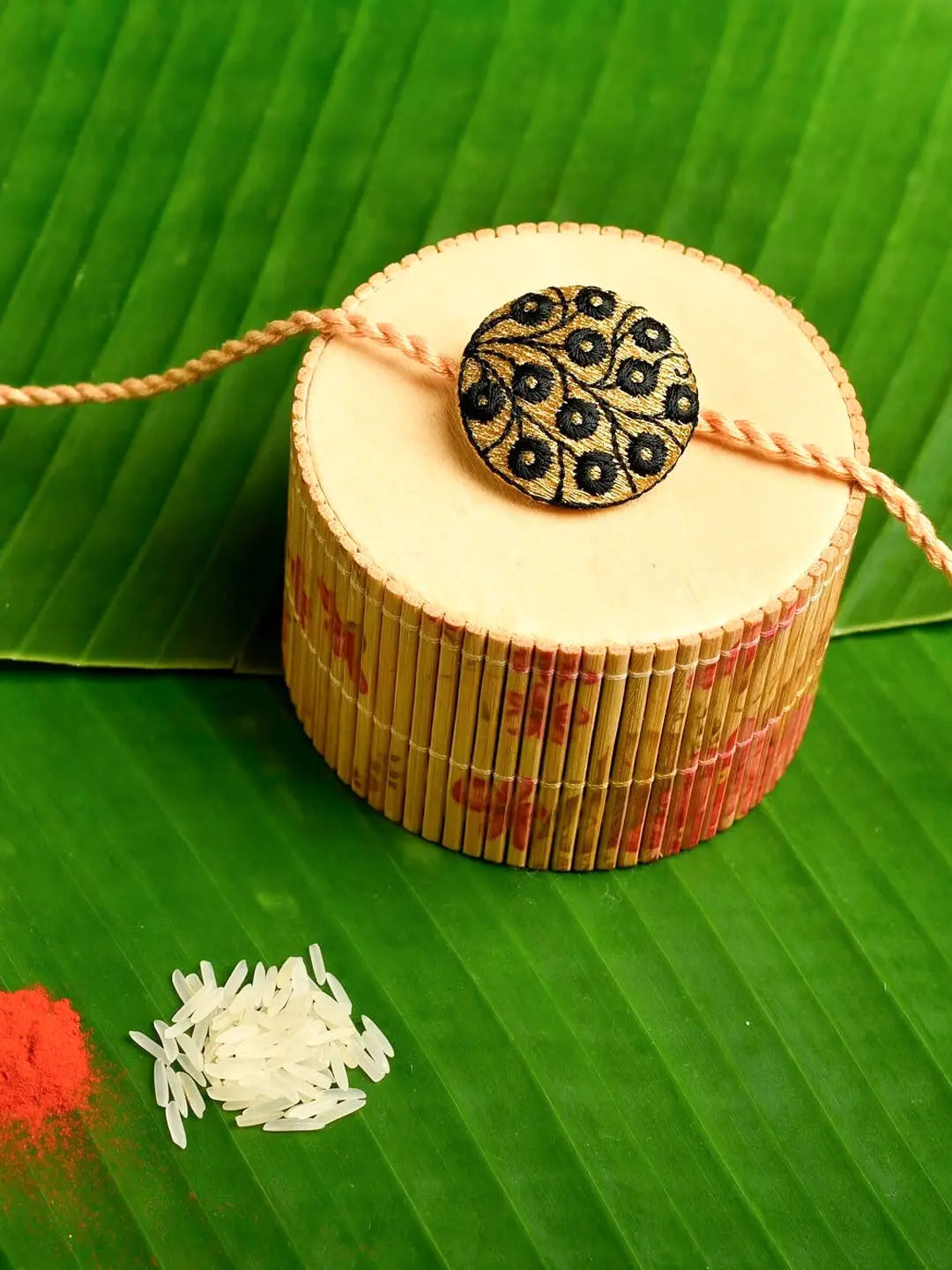 Black And Golden Handmade Designer Embroidery Rakhi With Roli And Chawal - Unique Gift For Brothers - Lookandadorn.com