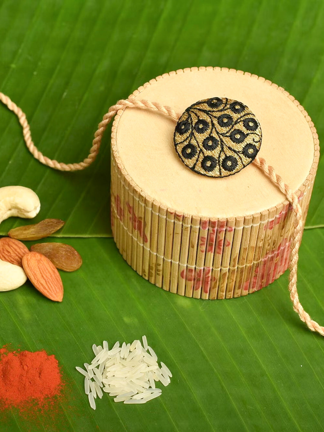 Black And Golden Handmade Designer Embroidery Rakhi With Roli And Chawal - Unique Gift For Brothers - Lookandadorn.com